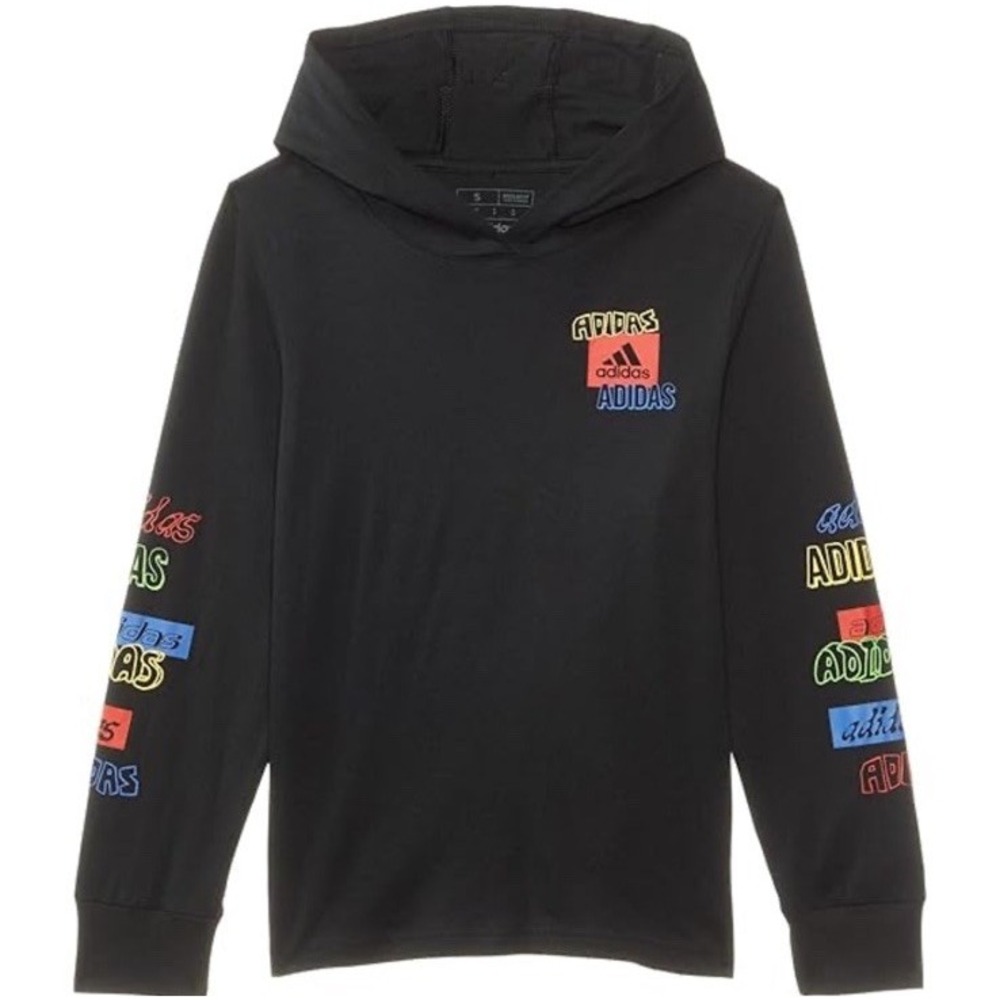 ADIDAS Boys Black All Over Spell Out Hooded Long Sleeve T-Shirt XL‎ (18/20) NWT
